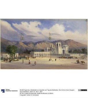 Marktplatz von Zapotlán am Tag des Maifestes. Die Kirche ist ein Zeugnis des Erdbebens