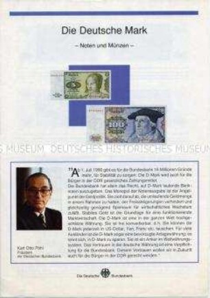Informationsblatt der Deutschen Bundesbank zur Währungsunion 1990 mit Abbildungen aller Münzen und Banknoten