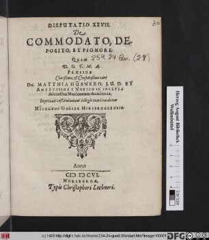 Disputatio XXVII. De Commodato, Deposito, Et Pignore