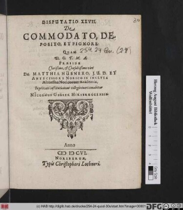 Disputatio XXVII. De Commodato, Deposito, Et Pignore