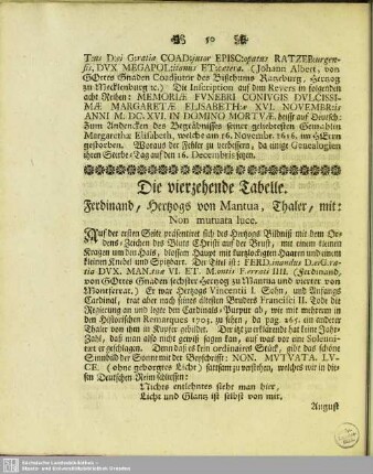 Die vierzehende Tabelle. Ferdinand, Hertzogs von Mantua, Thaler, mit: Non mutuata luce