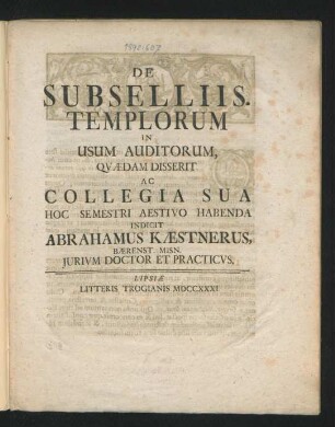 De Subselliis. Templorum In Usum Auditorium