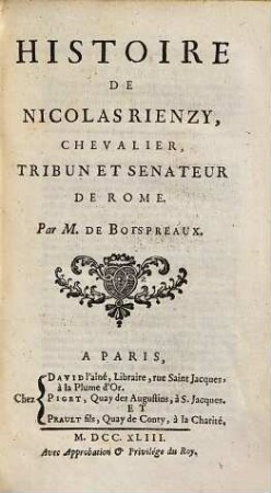 Histoire De Nicolas Rienzy, Chevalier, Tribun Et Senateur De Rome