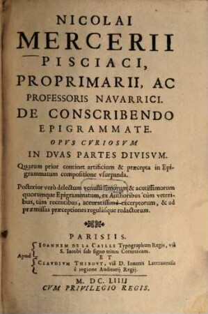 De conscribendo epigrammate : Opus curiosum in 2 partes divisum