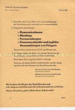 Bekanntmachung über die Ausrufung des Ausnahmezustandes in der Stadt Dresden
