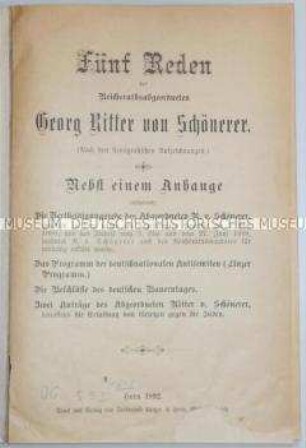 Fünf Reden des österreichischen Politikers Georg Ritter von Schönerer