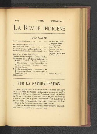 No. 67, 6e Année, Novembre 1911.