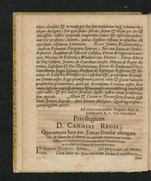 Privilegium D. Casimiri Regis, Quo omnia Iura per Terras Prussiae abrogantur ...