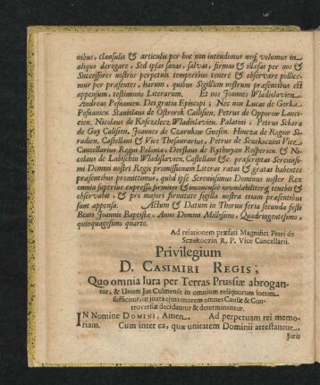 Privilegium D. Casimiri Regis, Quo omnia Iura per Terras Prussiae abrogantur ...
