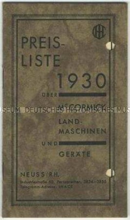 Preisliste für Landmaschinen