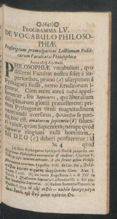 Programma LV. De Vocabulo Philosophiae
