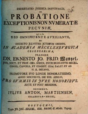 Dissertatio inauguralis de probatione exceptionis non nvmeratae pecvniae