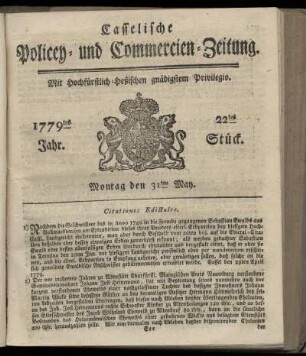 22tes Stueck, Montag den 31ten May. 1779