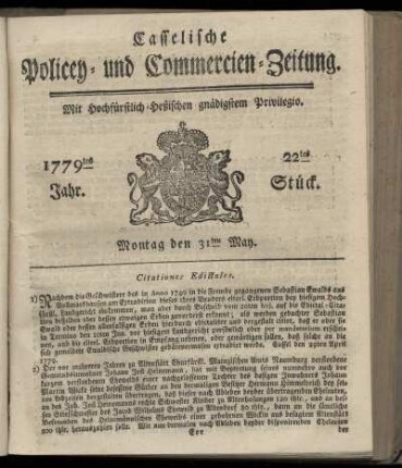 22tes Stueck, Montag den 31ten May. 1779