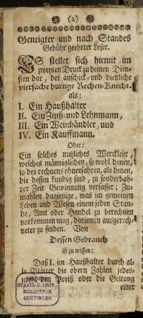 Geneigter und nach Standes Gebühr geehrter Leser.