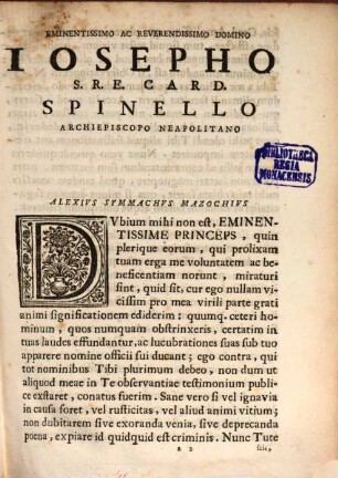 Alexii Symmachi Mazochii Neapolitanae Ecclesiae Canonici Et Regii S. Scripturae Interpretis In Vetus Marmoreum Sanctae Neapolitanae Ecclesiae Kalendarium, [1]. Commentarius