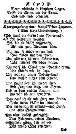 Morgengesang eines französischen Husaren. Eine freye Uebersetzung