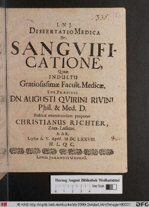 Dissertatio Medica De Sanguificatione