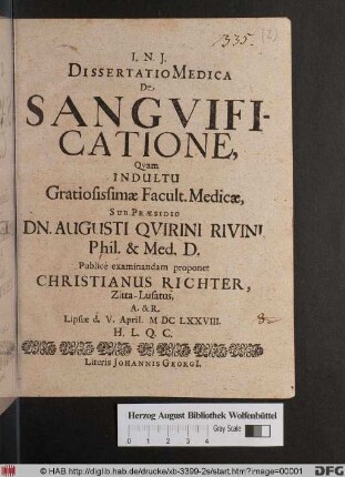 Dissertatio Medica De Sanguificatione