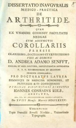 Dissertatio Inavgvralis Medico-Practica De Arthritide : Cvm Adivnctis Corollariis