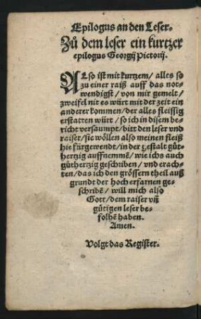 Zu dem leser ein kurtzer epilogus Georgii Pictorii.