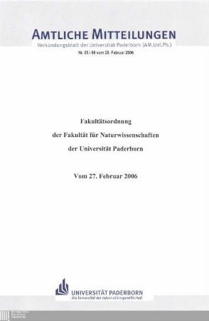 Fakultätsordnung der Fakultät für Naturwissenschaften der Universität Paderborn : vom 27. Februar 2006