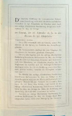 Programm für die feierliche Eröffnung der Internationalen Elektricitäts-Ausstellung verbunden mit elektro-technischen Versuchen im Königl. Glaspalaste zu München 1882