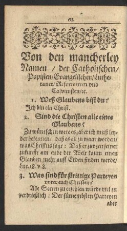 Von den mancherley Namen/ der Catholischen/ Papisten/ Evangelischen/ Lutheraner/ Reformirten und Calvinisten/ [et]c.