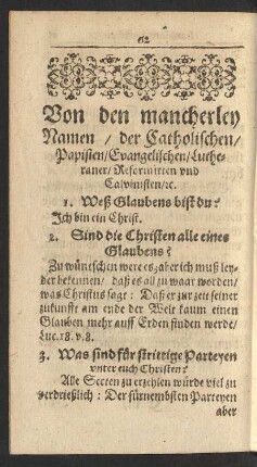 Von den mancherley Namen/ der Catholischen/ Papisten/ Evangelischen/ Lutheraner/ Reformirten und Calvinisten/ [et]c.