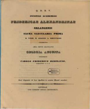 Inclitae Academiae Fridericae-Alexandrinae Erlangensi sacra saecularia prima d. XXIII. m. Augusti a. MDCCCXLIII celebranda amica mente gratulatur Georgia Augusta