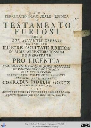 Dissertatio Inauguralis Juridica De Testamento Furiosi