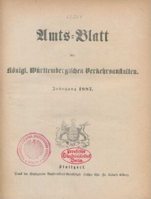 1887: Amtsblatt der Württembergischen Verkehrsanstalten