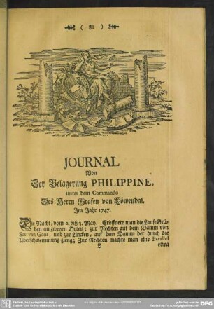 Journal Von Der Belagerung Philippine, unter dem Commando Des Herrn Grafen von Löwendal. Im Jahr 1747