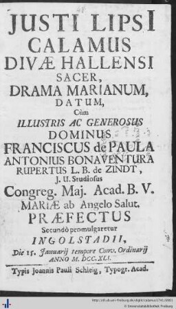 Justi LipsI Calamus Divae Hallensi Sacer