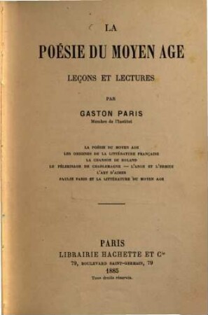 La poésie du moyen âge, leçons et lectures, [1]