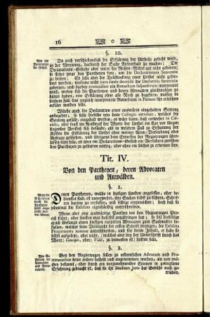 Tit. IV. Von den Partheyen, deren Advocaten und Anwälden.