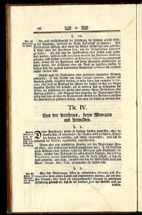 Tit. IV. Von den Partheyen, deren Advocaten und Anwälden.