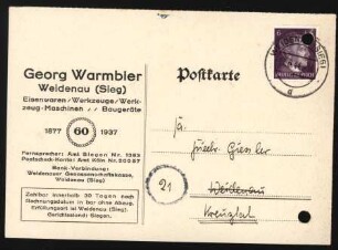 Warmbier, Georg, Eisenwaren - Werkzeuge - Maschinen - Baugeräte, Weidenau (Sieg)