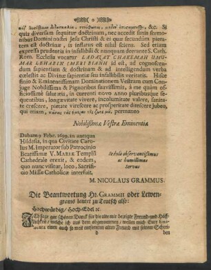 Die Beantwortung Hr. Grammii oder Lewengrams lautet zu Teutsch also: