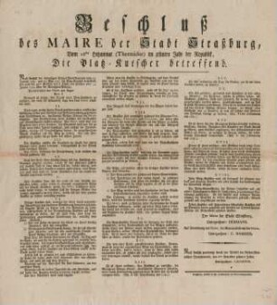 Beschluß des Maire der Stadt Straßburg, vom 18ten Hitzemonat (Thermidor) im zehnten Jahr der Republik, die Platz-Kutscher betreffend