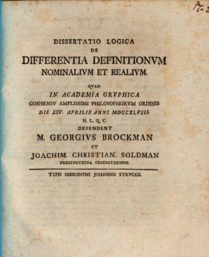 Dissertatio Logica De Differentia Definitionvm Nominalivm Et Realivm