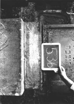 Grabstein 536 (Index: 99895462) Material: Sandstein Zustand: teilweise verwittert Maße HxBxT: 168x58x20 cm Beschreibung: Stele mit eingezogenem Rundbogenabschluss und kleiner Verdachung, Akroteren; getreppter Sockel Symbolik: Priesterhände: Grabstein 536 (2)