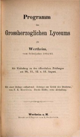 Programm des Grossherzoglichen Lyceums in Wertheim : vom Schuljahre .... 1864/65