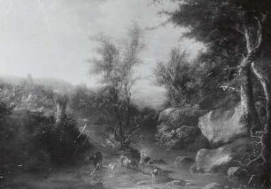 Musizierender Hirte mit Ziegenherde : Both, Jan (um 1618 Utrecht - 1652.08. ebenda). "Musizierender Hirte mit Ziegenherde". Öl auf Leinwand