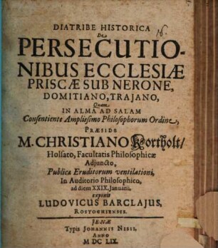 Diatribe hist. de persecutionibus ecclesiae priscae sub Nerone, Domitiano, Traiano
