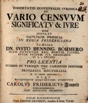 Dissertatio Inavgvralis Ivridica De Vario Censvvm Significatv & Ivre