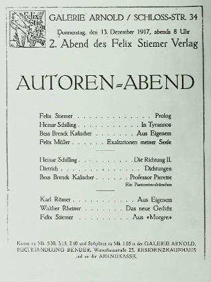 Programm eines Autorenabends des Felix Stiemer Verlags in der Galerie Arnold in Dresden, 13. Dezember 1917