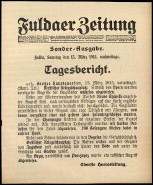 Erste Ausgabe vom Samstag, den 13. März 1915.
