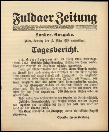 Erste Ausgabe vom Samstag, den 13. März 1915.