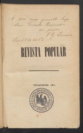 [Dedicação escrita à mão por Vicente Gaspar Quesada a Ernesto Quesada]